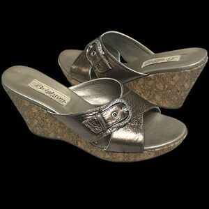 Brighton Platform Mules Pewter Leather Cork Wedge "Summer" Sz 7 Made In Italy